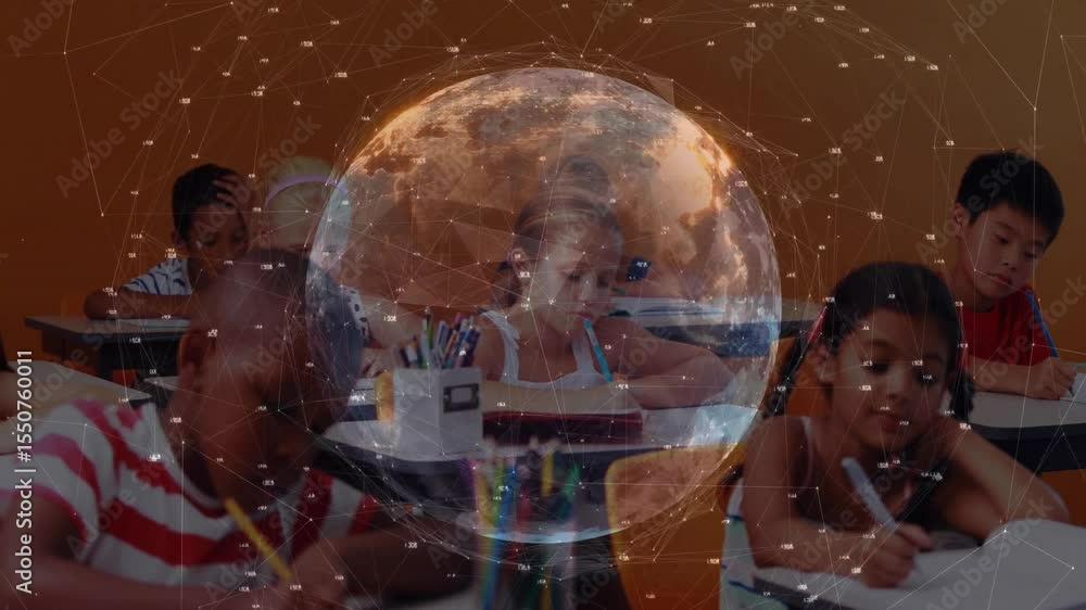 Aufkleber classmates writing at desks, globe fading in with rotating network overlay for education technology