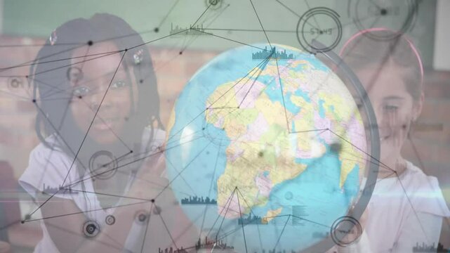 Three students spinning globe in geography class activating overlays exploring global connections - Powered by Adobe