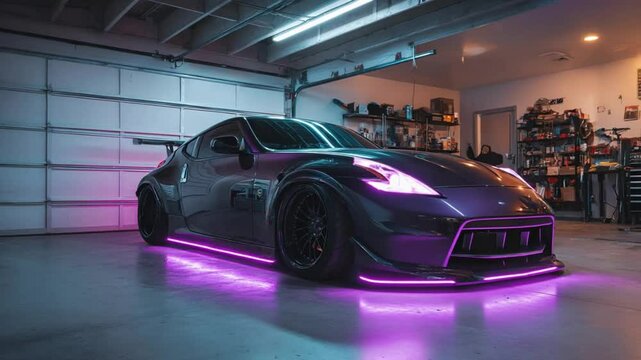A sleek, modified sports car with vibrant neon lights in a modern garage aesthetic showcases tuning