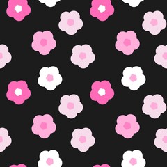 seamless pattern with pink flowers on black background. Ideal for digital use, packaging, wrapping paper, scrapbooking.