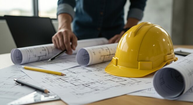 Architect or Engineer Reviewing Blueprints with Hard Hat, Tools, and Computer for a Project - Powered by Adobe