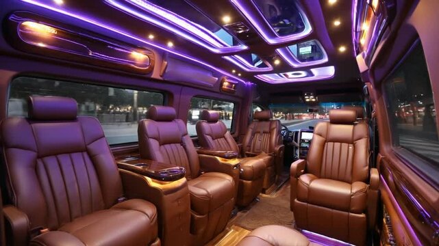 Luxurious van interior with premium leather seats and ambient lighting for comfortable travel