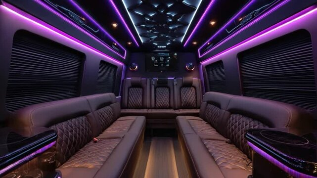 Luxurious Interior of a Party Bus with Purple Neon Lights and Leather Seats Display