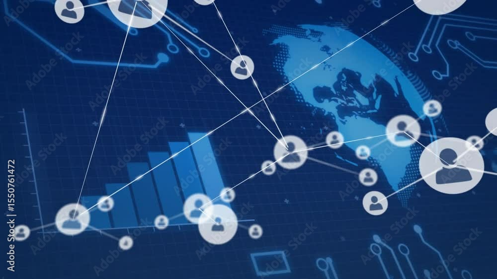 Poster first node appearing triggers user-icon nodes emerging and linking, building globe-spanning network