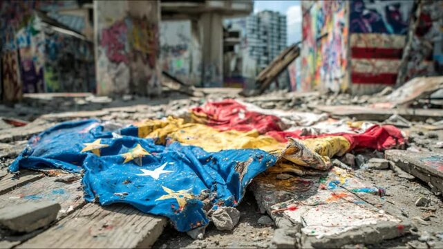 Flags of Europe, Venezuela and United States on debris representing political and economic turmoil
