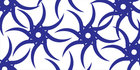 Abstract pattern of blue rotational shapes on a white background, creating a seamless and artistic display, conveying a sense of creativity, motion, and geometric harmony.