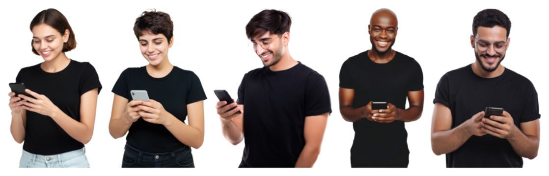 PNG Diverse people using smartphones happily, element set on transparent background