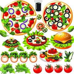 Vibrant culinary icons: pizza, burger, and vegetable artwork composition
