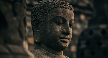 Golden head of a Buddha statue at night, representing ancient Asian religion and spiritual peace through meditationGolden head of a Buddha statue at night, representing ancient Asian religion