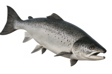Realistic 3d rendering of an atlantic salmon swimming underwater, isolated on a transparent background