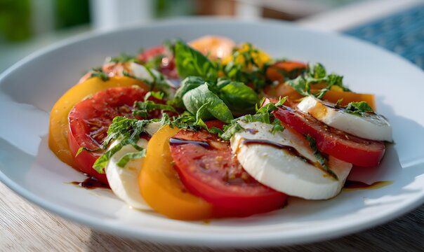 Caprese Sald with heirloom tomatoes, mozzarella, basil and balasmico summe, Generative AI