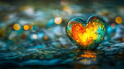 Glowing Glass Heart on Water Abstract Art