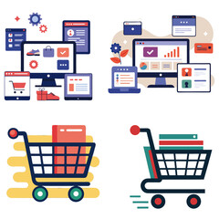 Flat design vector illustrations of online shopping interfaces, digital marketing, and shopping carts representing e-commerce concepts.