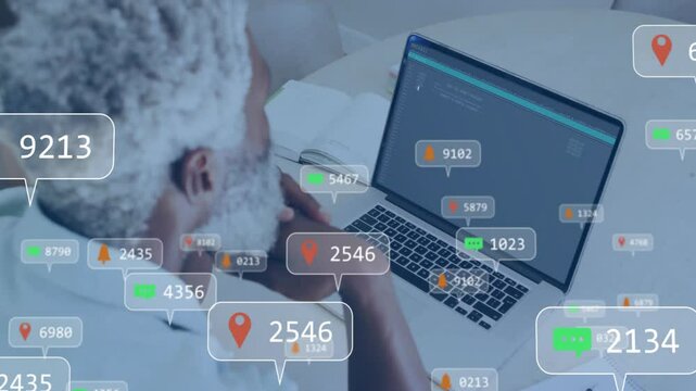 Tech developer gazing code editor, watching data badges multiplying then vanishing around laptop