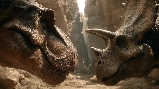Epic showdown between Tyrannosaurus Rex and Triceratops in a prehistoric canyon creating cinematic