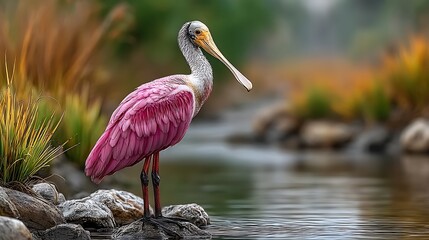 A bright roseate spoonbill feeding in a marsh, its pink wings creating soft reflections on the watera??s surface. .