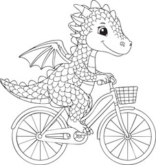  Smiling Dragon Riding a Bicycle with Basket Coloring Page