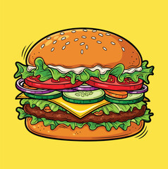 Classic Beef Burger with Fresh Vegetables Illustration