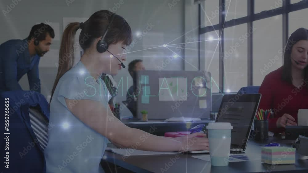 Poster network overlay pulsing agent typing on laptop with headset colleagues collaborating on tech tasks