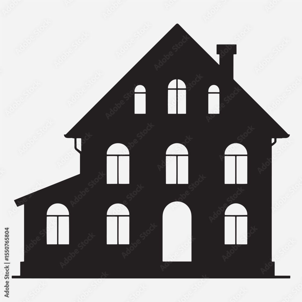 Poster silhouette of a two story house with an extension and multiple arched windows against a plain backgr