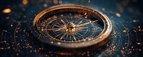 detailed compass with golden finish, surrounded by shimmering particles, symbolizes direction and fate