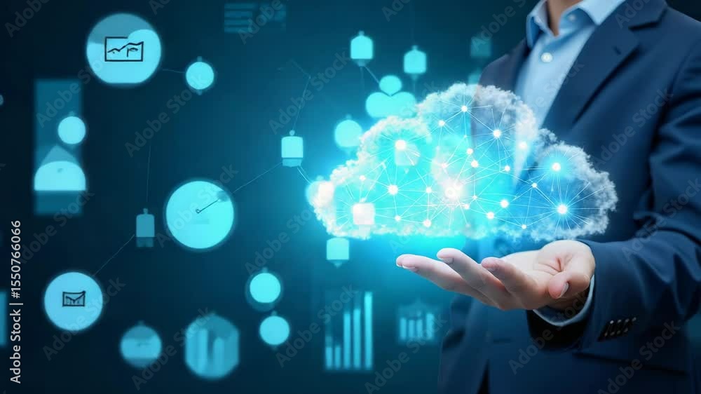 Poster professional visual illustrating cloud computing future trends with innovative digital analytics and
