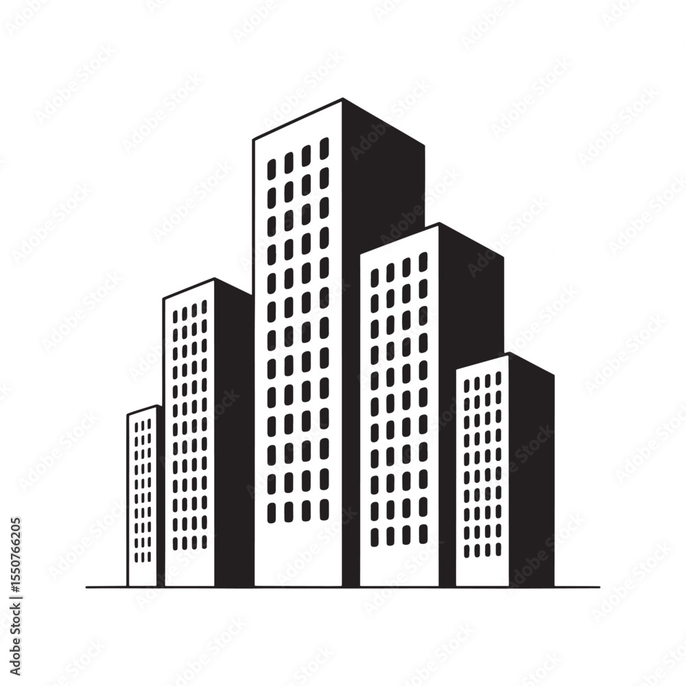 Poster monochromatic cityscape illustration depicting a cluster of buildings with rectangular windows in a 