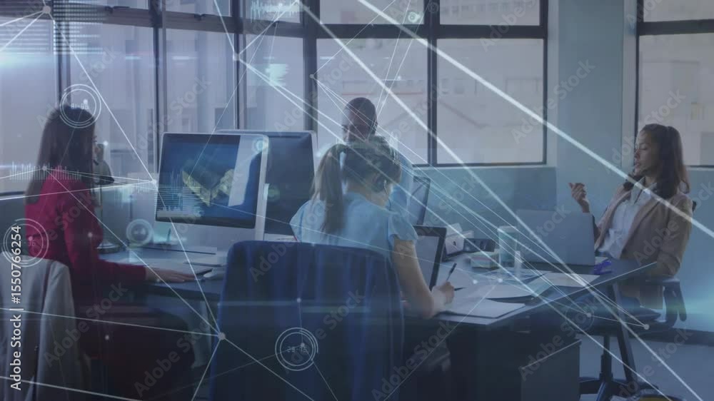 Poster woman in red typing and pointing screen while team reviewing architecture with model overlay