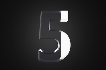 Close-up glass number five on black background. 3d rendering illustration