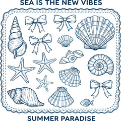 Retro Tropical Summer Hand drawn , Sea shell , Vector illustration. Bohemian linear logos, icons and symbols, sea, ocean, beach and surfing. Sun, seashell