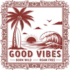 summer graphics print artwork. Hawwaii beach vibes print design. palm tree big waves t-shirt design. ride the waves slogan. mens graphic design.