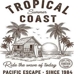 tropical vintage surf. tropical summer graphics in vintage.beach ball, surfboard, shell, palm tree, sun mixed sketch. Beach vibes print design