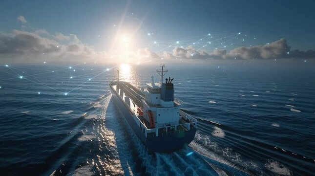 Maritime Voyage: A majestic cargo ship sails through the tranquil expanse of the open ocean beneath a bright, radiant sun, symbolizing global trade and maritime transport.
