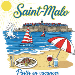 watercolor paint Saint Malo skyline, france landscape. saint malo vintage t-shirt design. vintage retro graphics. beach graphics. italian food fashion design.