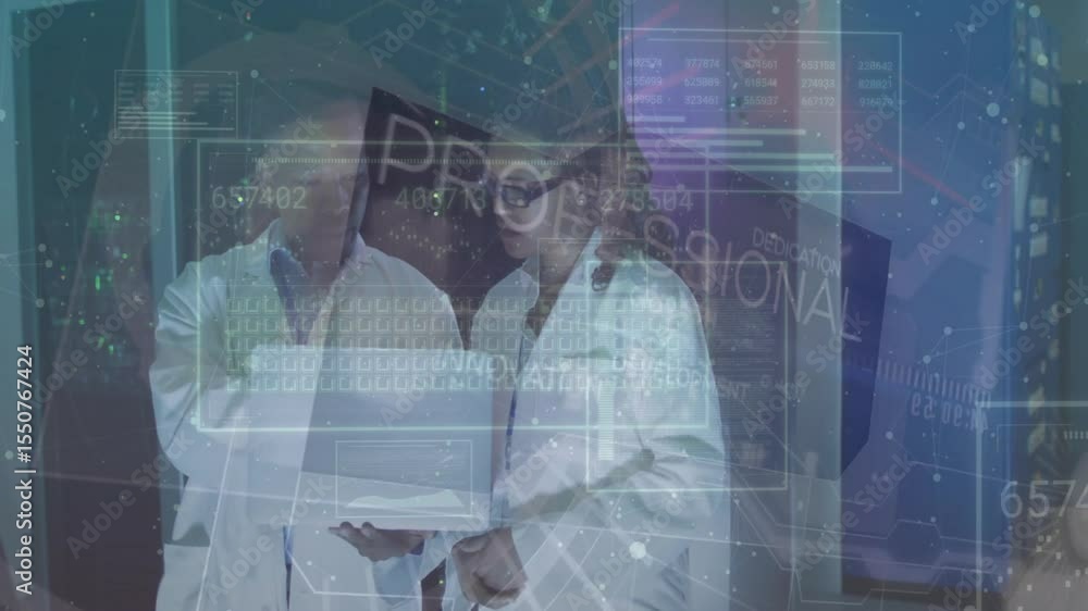 Aufkleber woman scientist tapping keyboard showing data overlays for analysis male scientist noting figures