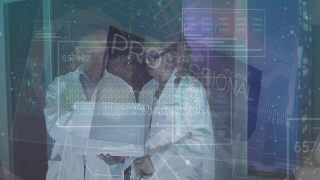 Woman scientist tapping keyboard showing data overlays for analysis male scientist noting figures