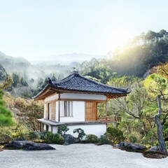 Obraz premium Serene Japanese Garden with Traditional Pavilion and Lush Landscape
