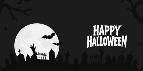 Happy Halloween poster, cards, flayer with yellow, dark blue, purple and orange design, pumpkins smile, tree, bat flying, ghost, spider, banner design on black background, set of Halloween for holday.