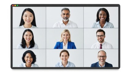 Diverse business professionals collaborating in a virtual meeting on a grid display showcasing teamwork and remote communication