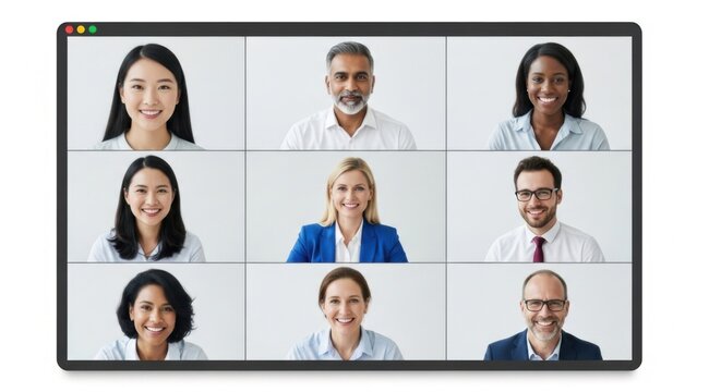 Diverse business professionals collaborating in a virtual meeting on a grid display showcasing teamwork and remote communication