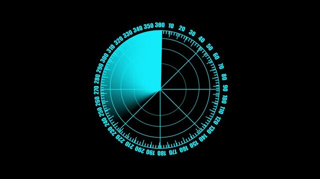 High-tech radar scanner interface featuring circular grid lines, numeric degree markings, and a bright rotating sweep. Ideal for , military, tracking, and surveillance visuals.