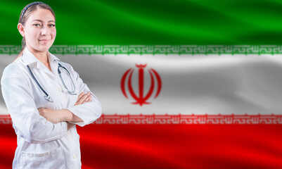 Female doctor on Iran flag. Doctor with crossed arms on Iran flag. Iran health and care concept