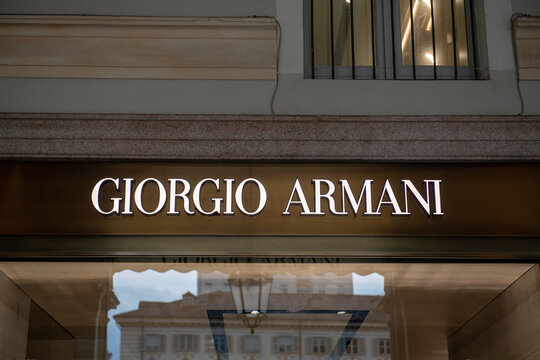 Iconic Store Sign Giorgio Armani, international designer of clothes with subtle elegance, refined design, luxury and timeless style, perfect for the fashion market. Turin, Italy, June 02, 2025.