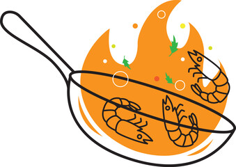 Illustration of a wok and shrimp and seasonings in it