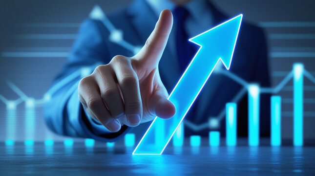 AI Generative. Hand Pointing at Glowing Financial Growth Chart. 12