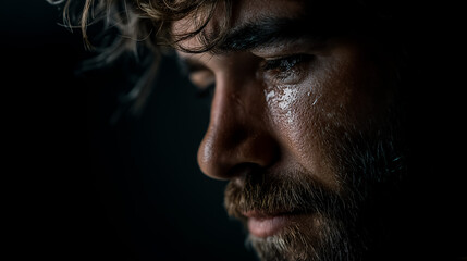 Bearded Man Weeps in Shadows
