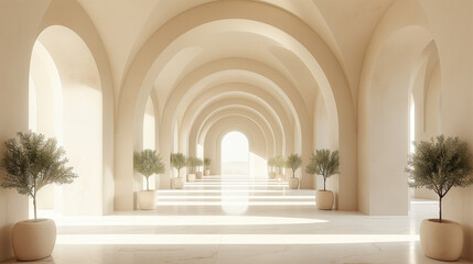 Sunlit arches casting soft shadows in minimalist corridor. Mediterranean-inspired hallway with potted olive trees. Perfect for interior design, lifestyle branding, and architecture visuals.


