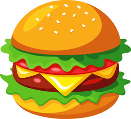Bold-colour vector of a gourmet burger with melting cheese and fresh lettuce, top-down view with white background.