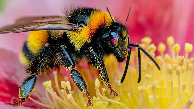 Close-up of a bumblebee on a vibrant flower. The bee has black and yellow stripes, with detailed features visible. The flower is bright and colorful, enhancing the scene. Generative 4k video.