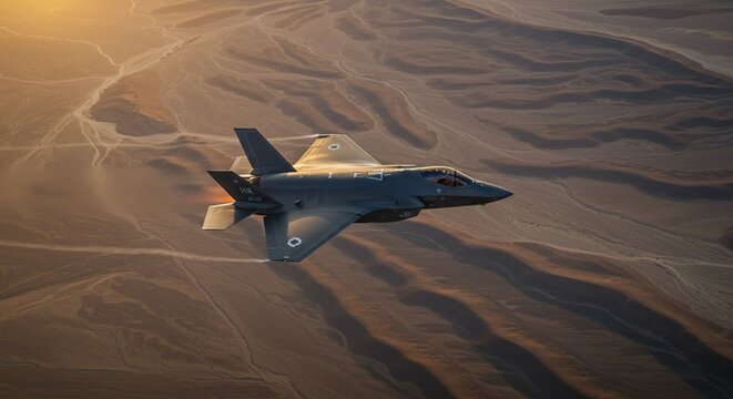 F-35 Lightning II Stealth Fighter Jet Soaring Over Desert Landscape at Sunset
